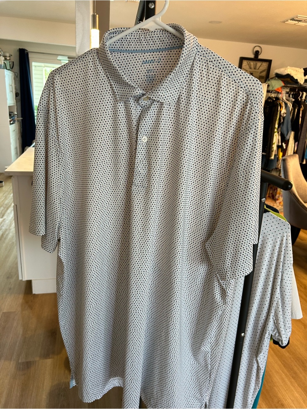 Men's White Polo with Navy Micro-Dot Pattern